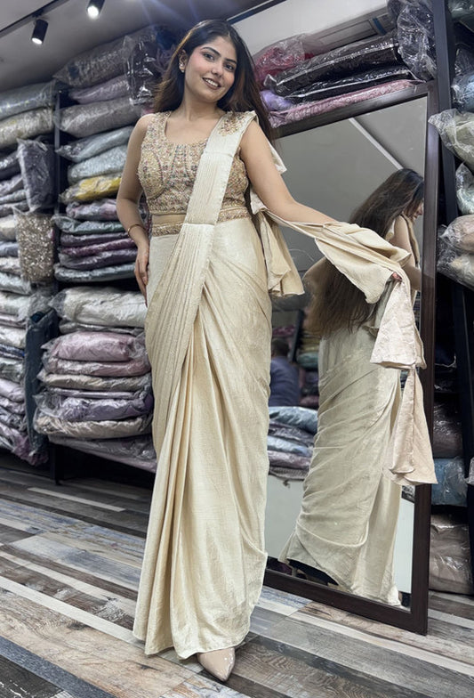 Multi Embroidered Blouse with Chinnon Silk Drape Saree & Bell Style Pallu
