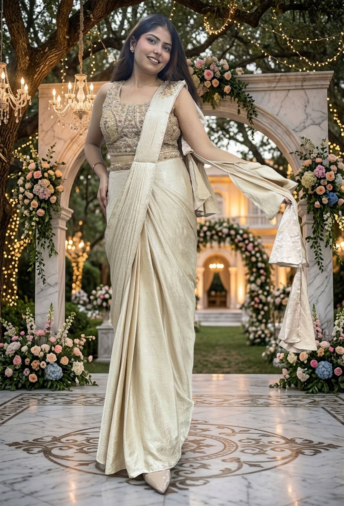 Multi Embroidered Blouse with Chinnon Silk Drape Saree & Bell Style Pallu