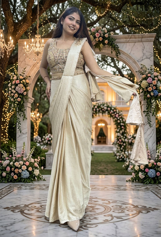 Multi Embroidered Blouse with Chinnon Silk Drape Saree & Bell Style Pallu