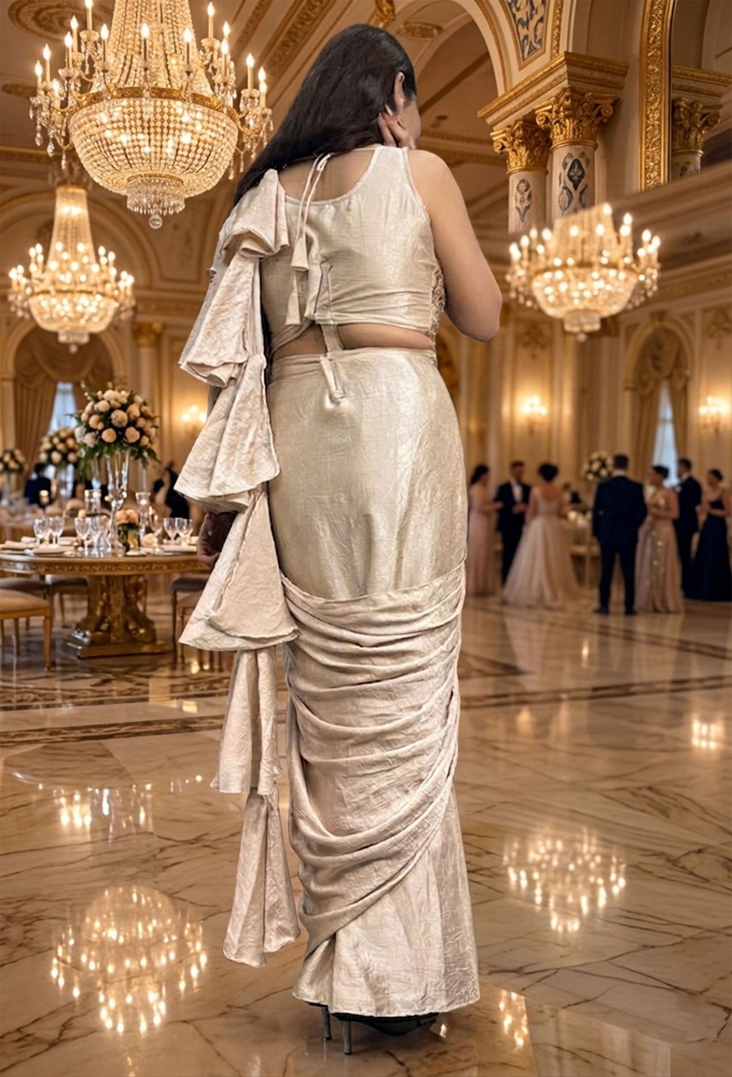 Multi Embroidered Blouse with Chinnon Silk Drape Saree & Bell Style Pallu
