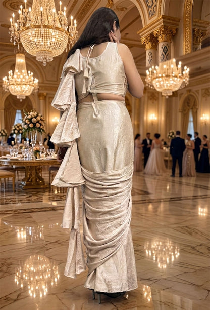 Multi Embroidered Blouse with Chinnon Silk Drape Saree & Bell Style Pallu