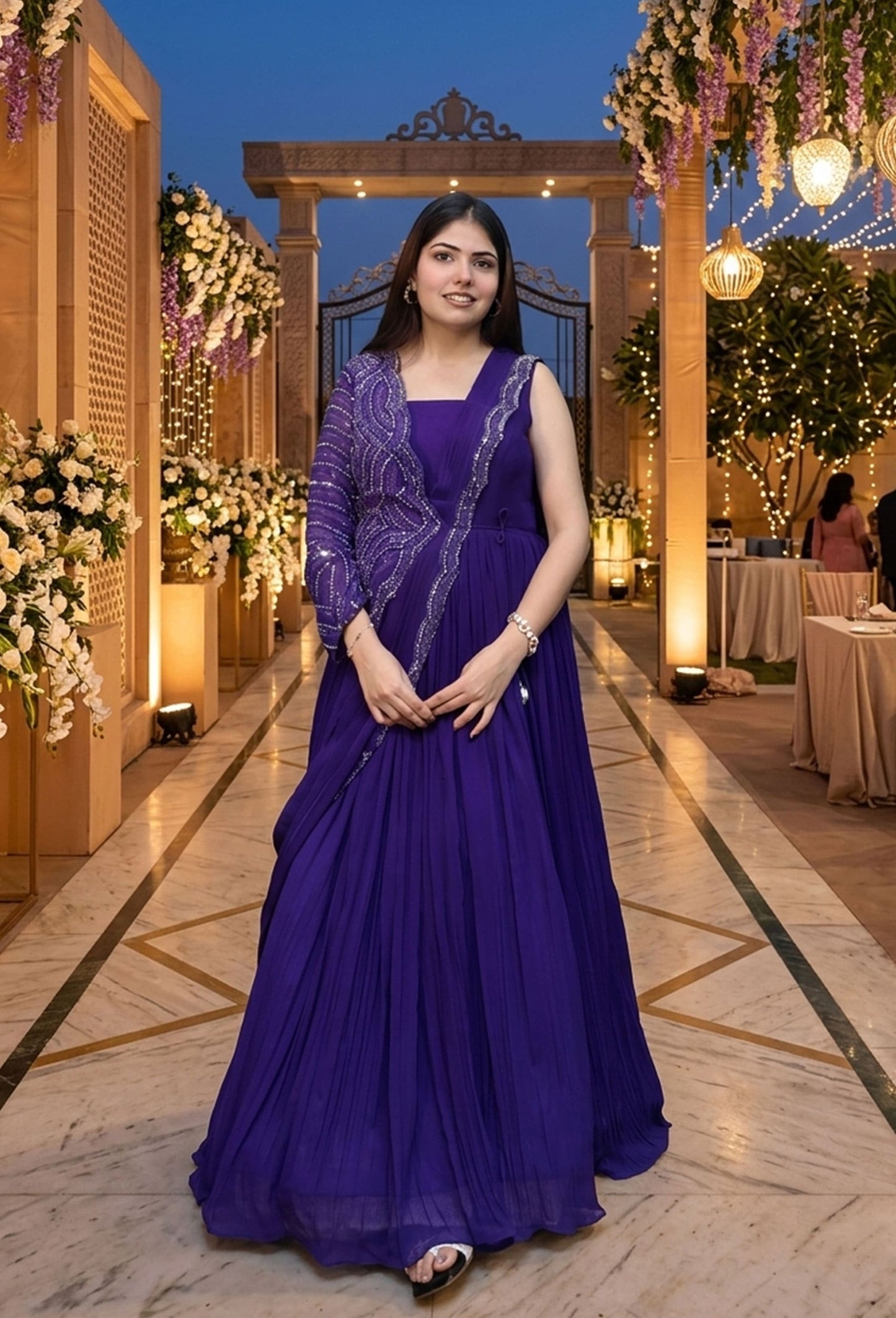 Drape Style Georgette Anarkali Dress with Swarovski Work Embellishments