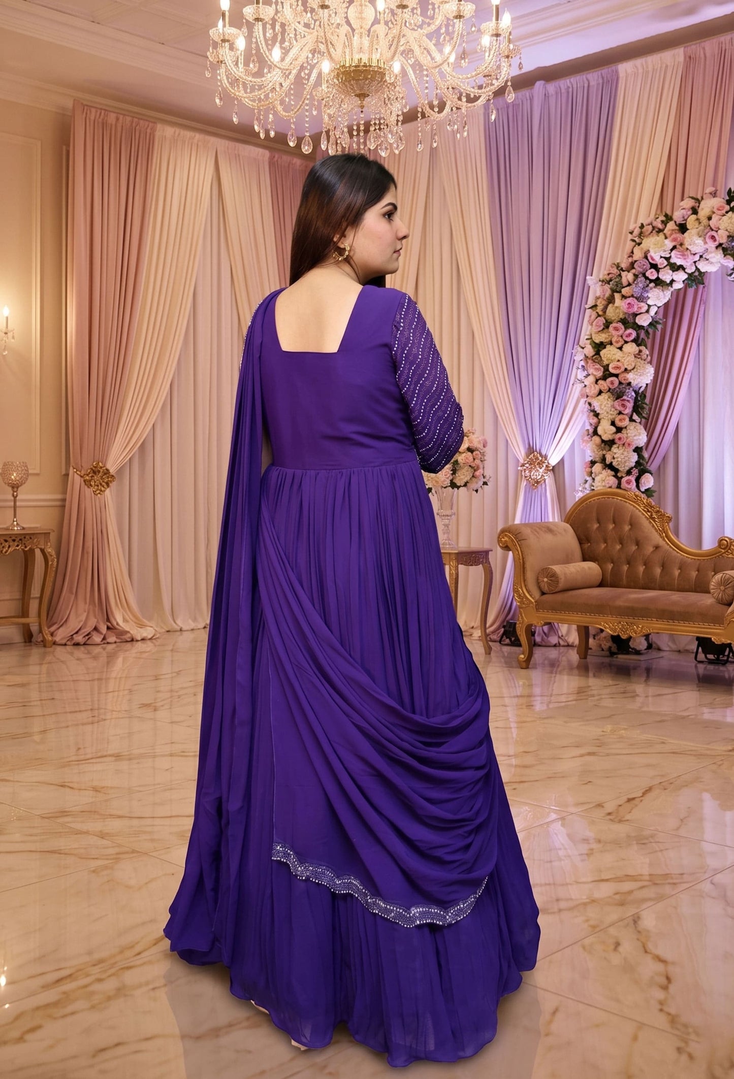 Drape Style Georgette Anarkali Dress with Swarovski Work Embellishments