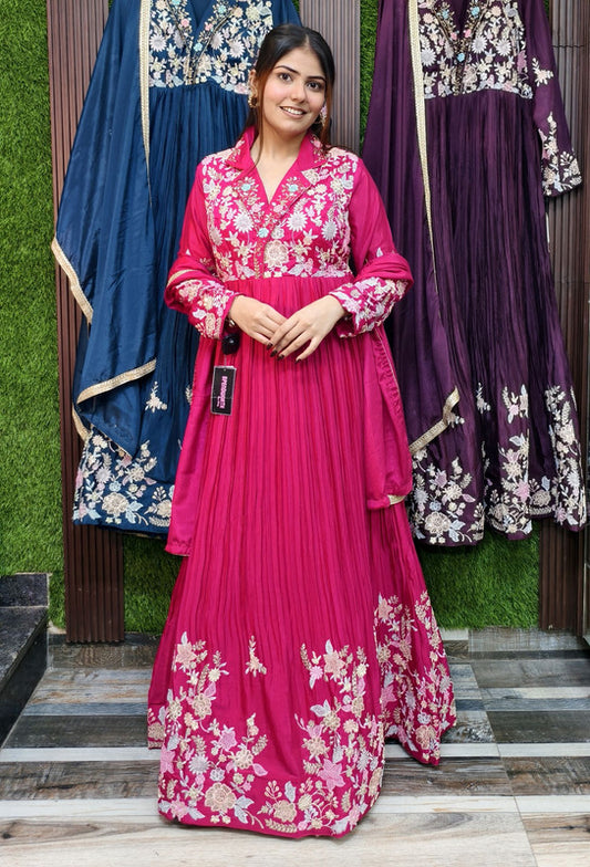 Collar Styled Anarkali Dress with Multi Embroidered Detailing