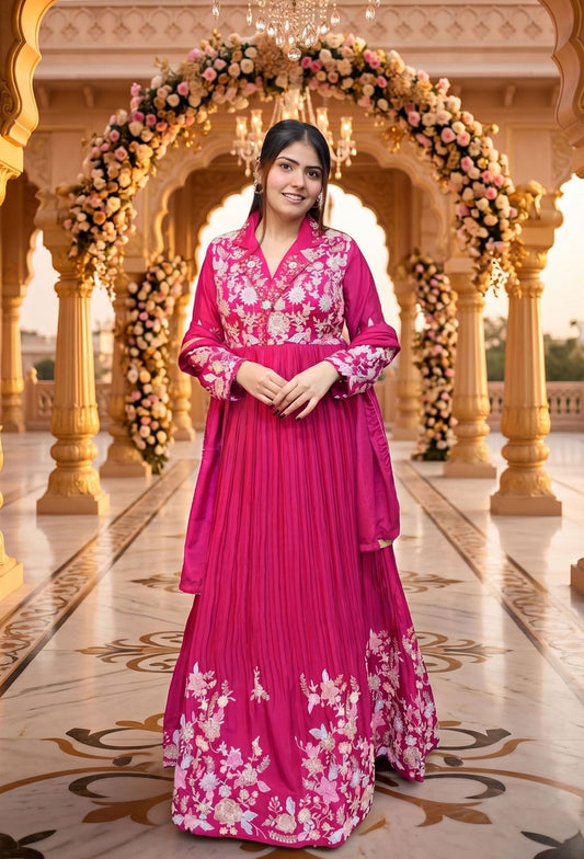 Collar Styled Anarkali Dress with Multi Embroidered Detailing