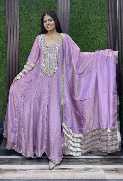 Mirror Work Anarkali Dress with Shimmer Tissue Dupatta