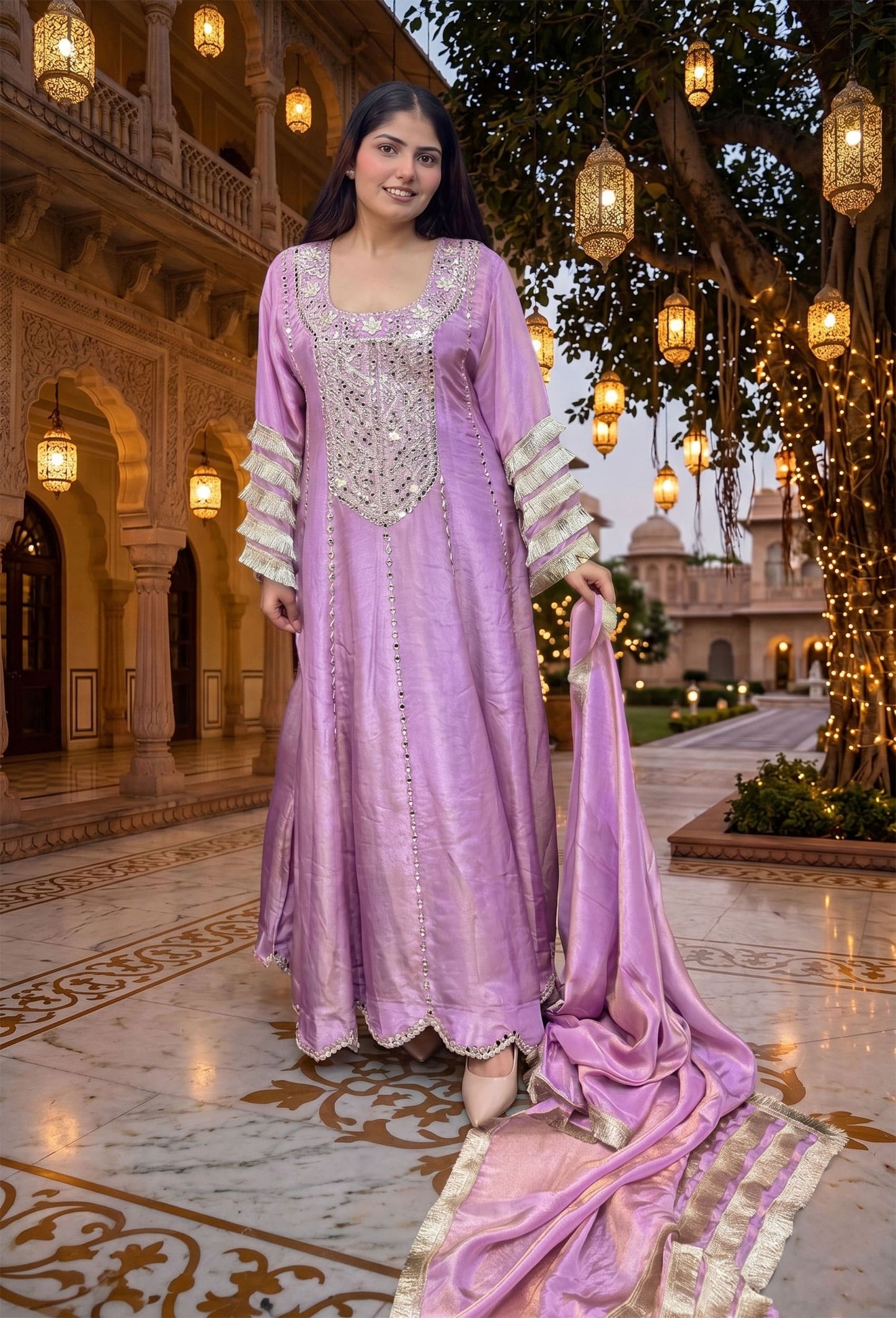 Mirror Work Anarkali Dress with Shimmer Tissue Dupatta