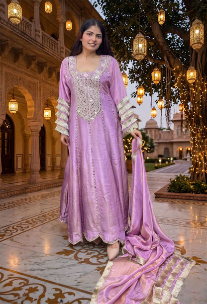 Mirror Work Anarkali Dress with Shimmer Tissue Dupatta
