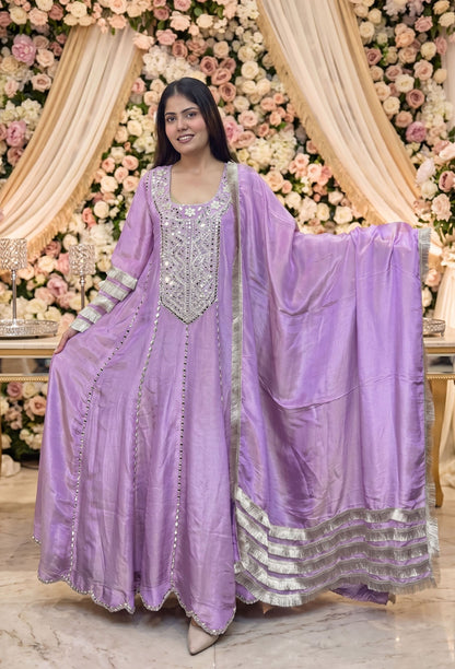 Mirror Work Anarkali Dress with Shimmer Tissue Dupatta