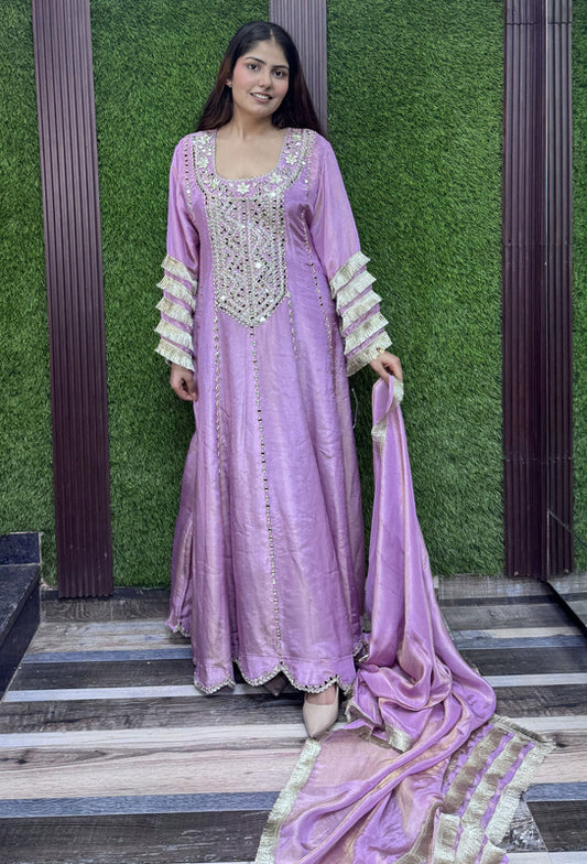 Mirror Work Anarkali Dress with Shimmer Tissue Dupatta