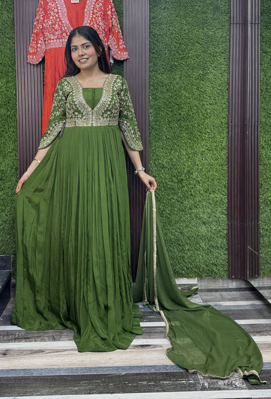 Full Sleeve Chinnon Silk Anarkali Dress with Hand Work Detailing