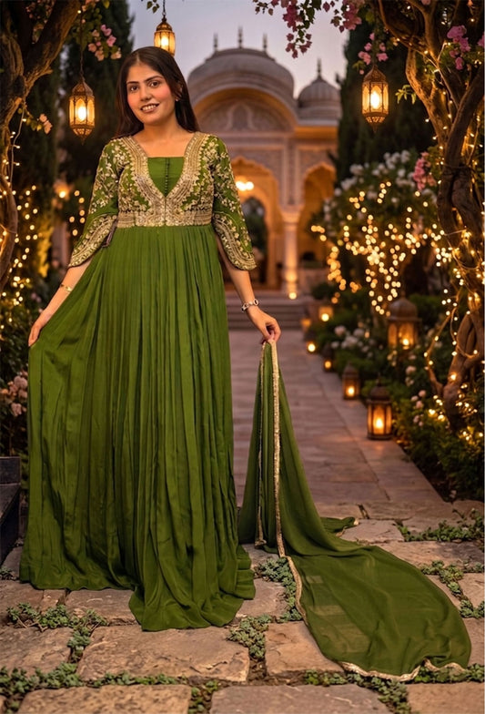 Full Sleeve Chinnon Silk Anarkali Dress with Hand Work Detailing