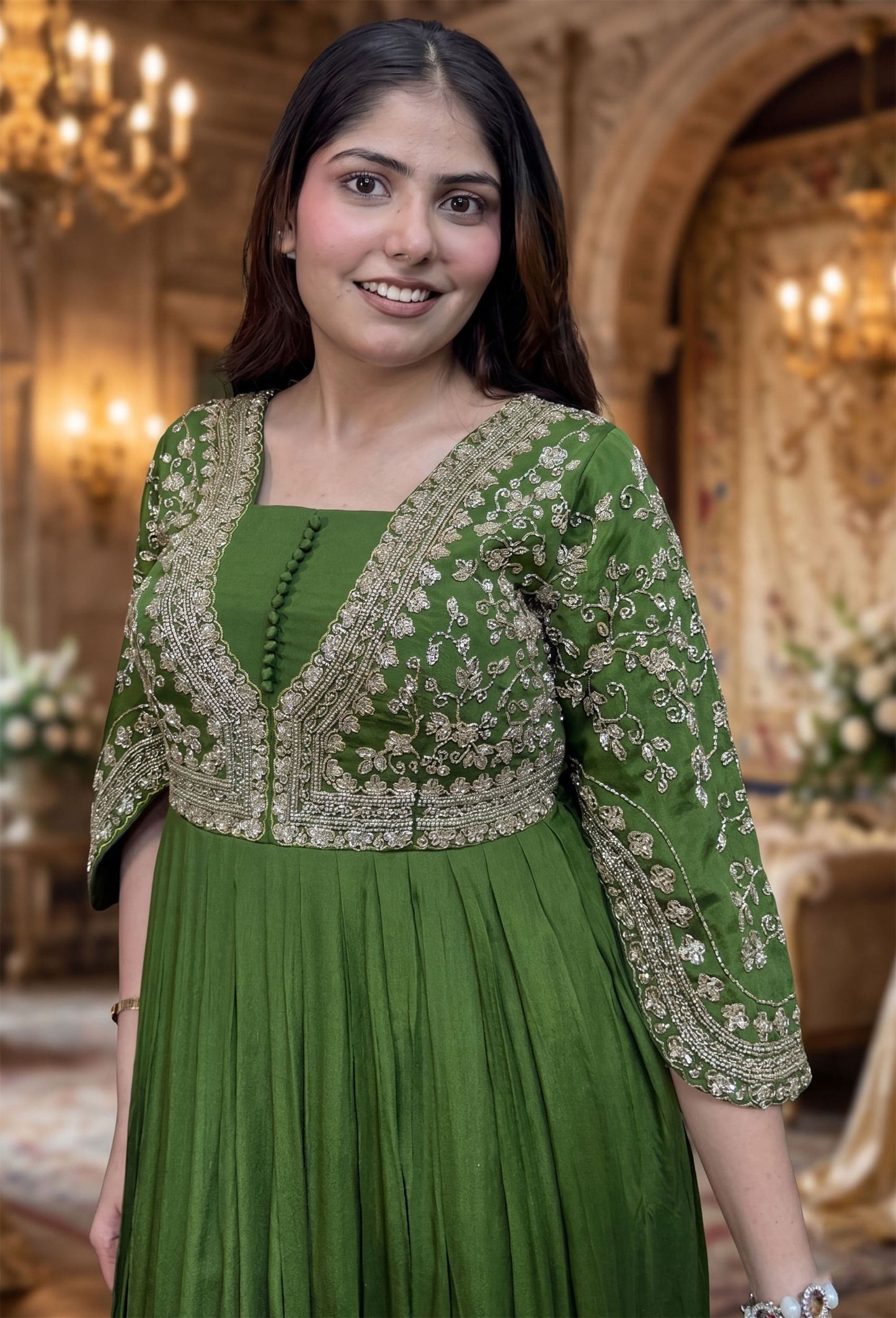 Full Sleeve Chinnon Silk Anarkali Dress with Hand Work Detailing