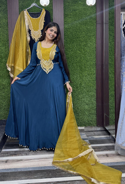 Pure Crepe Anarkali Dress with Hand Work Contrast Neckline