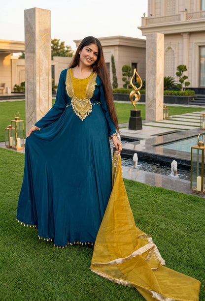 Pure Crepe Anarkali Dress with Hand Work Contrast Neckline