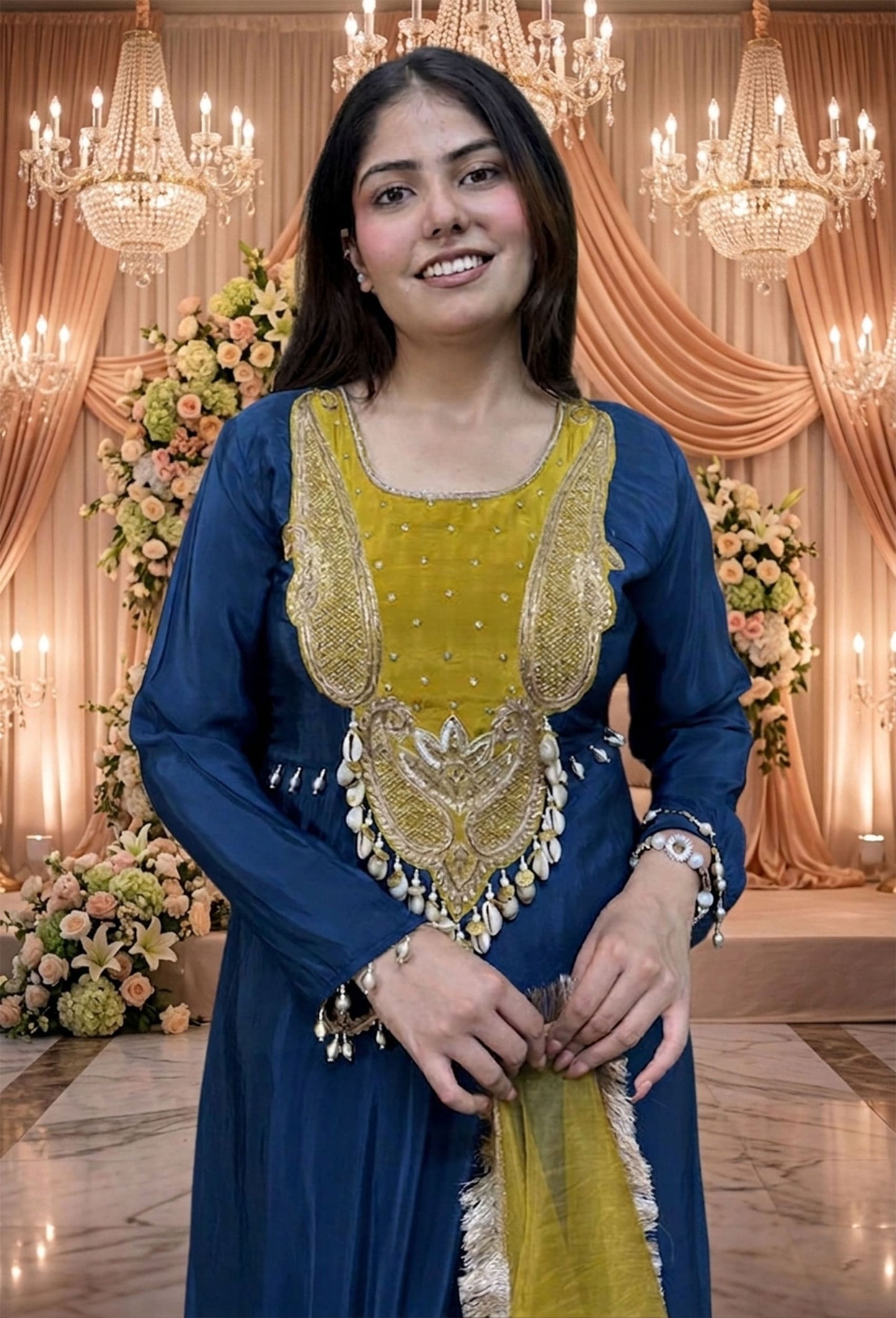 Pure Crepe Anarkali Dress with Hand Work Contrast Neckline