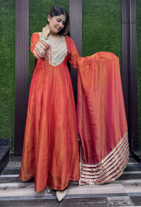 Pearl Beads Neckline Detail Anarkali Dress with Gotta Work Dupatta