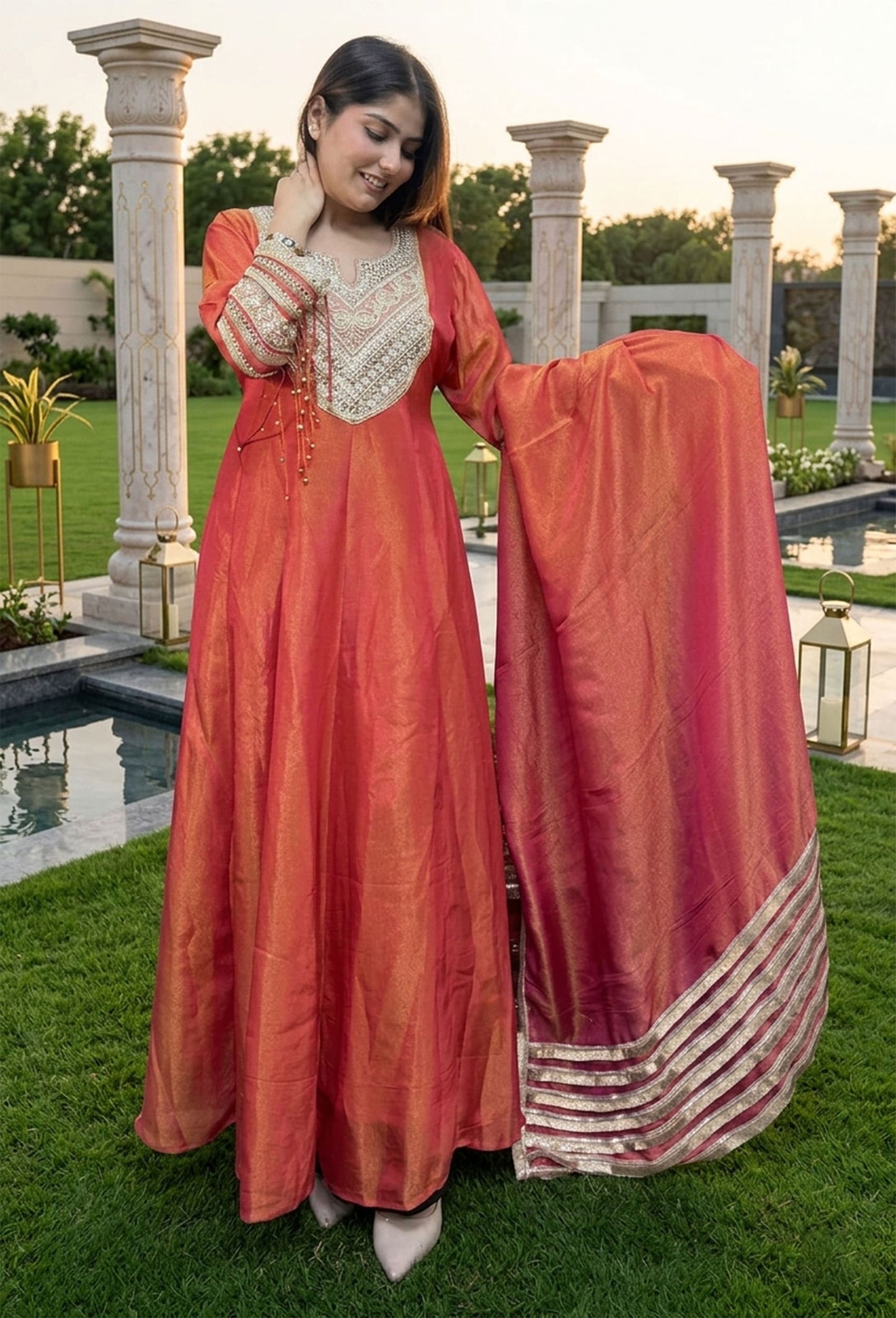 Pearl Beads Neckline Detail Anarkali Dress with Gotta Work Dupatta