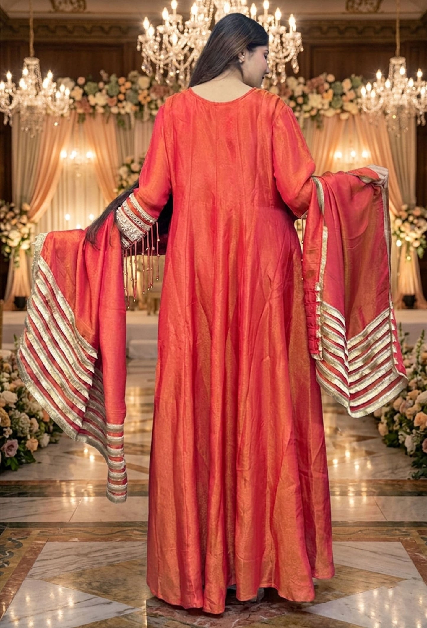 Pearl Beads Neckline Detail Anarkali Dress with Gotta Work Dupatta