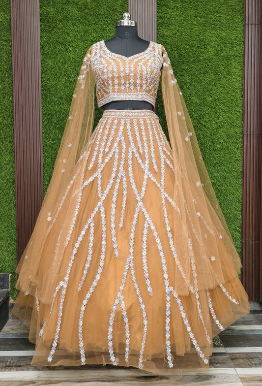 Multi-Embroidered Net Crop Top & Skirt Set with Connected Falling Sleeves