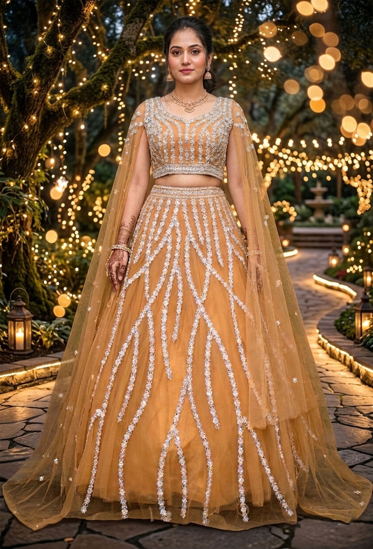 Multi-Embroidered Net Crop Top & Skirt Set with Connected Falling Sleeves