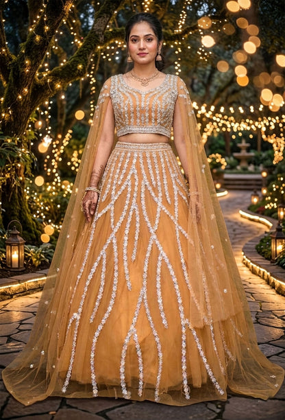 Multi-Embroidered Net Crop Top & Skirt Set with Connected Falling Sleeves