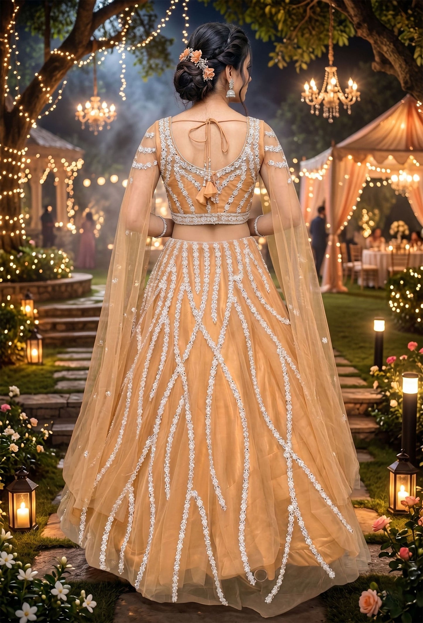 Multi-Embroidered Net Crop Top & Skirt Set with Connected Falling Sleeves