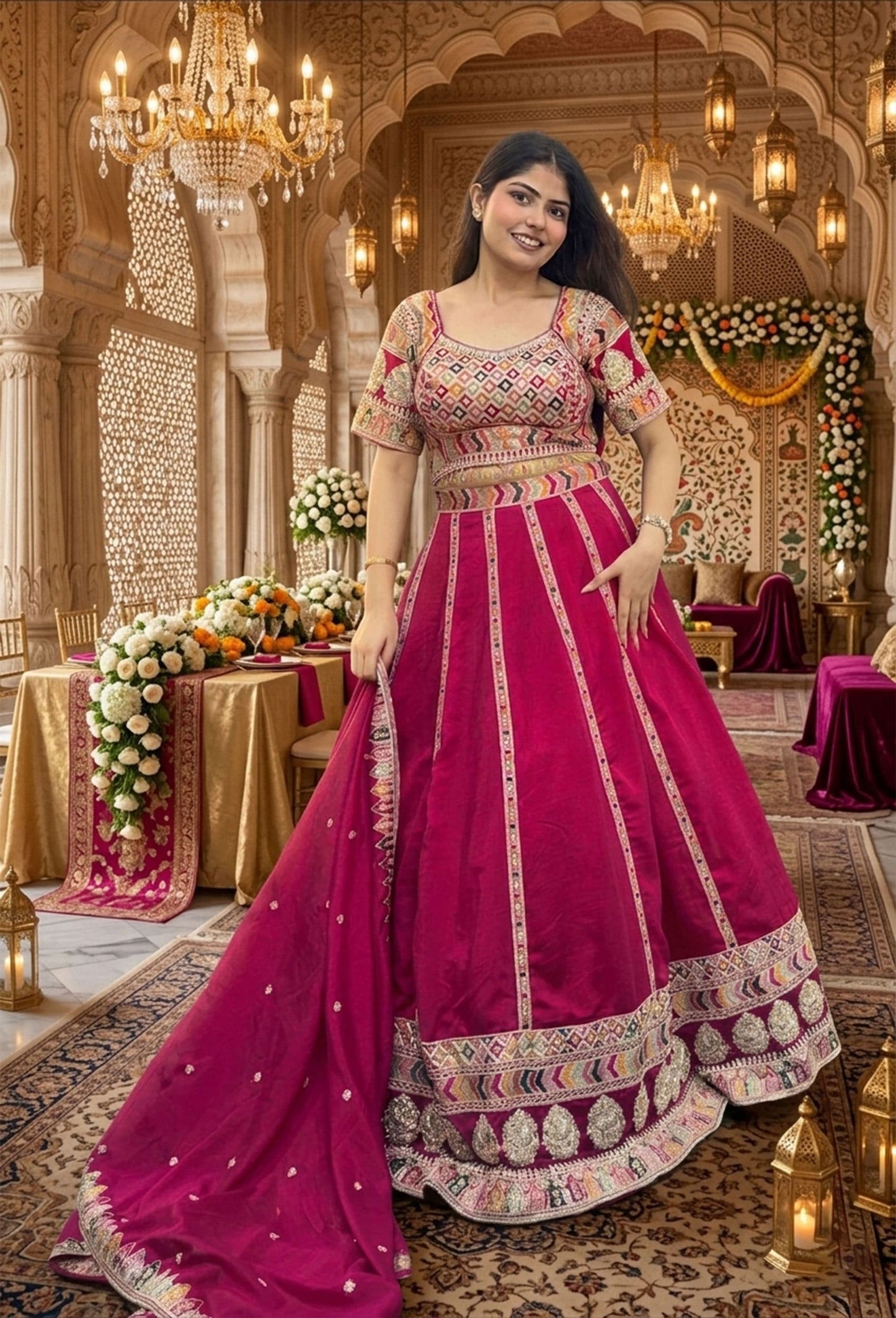 Sabyasachi Inspired Silk Anarkali Lehenga with Elegant Multi Embroidery & Silk Dupatta