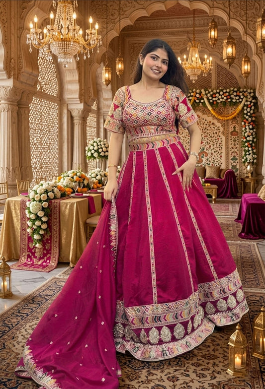 Sabyasachi Inspired Silk Anarkali Lehenga with Elegant Multi Embroidery & Silk Dupatta