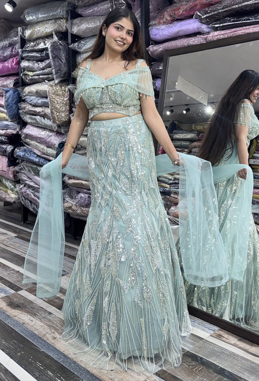 Designer Cape Style Hand Embellished Fish Cut Lehenga