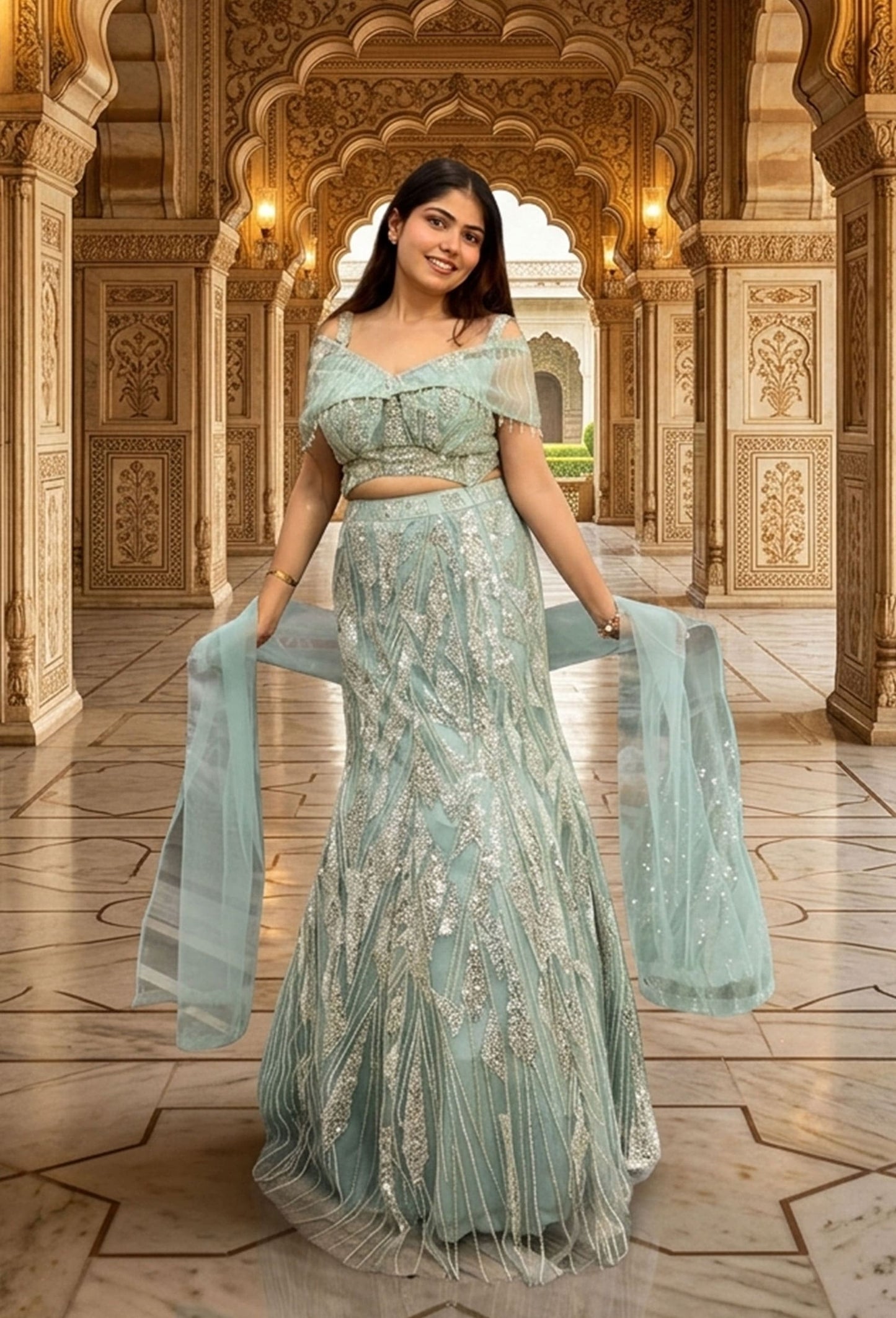 Designer Cape Style Hand Embellished Fish Cut Lehenga