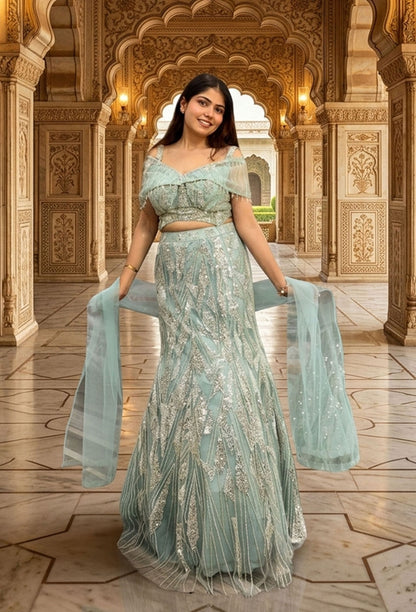 Designer Cape Style Hand Embellished Fish Cut Lehenga