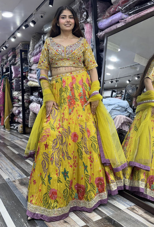 Embellished Choli with Printed Lehenga in Organza Silk for Haldi And Mehendi