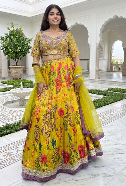 Embellished Choli with Printed Lehenga in Organza Silk for Haldi And Mehendi