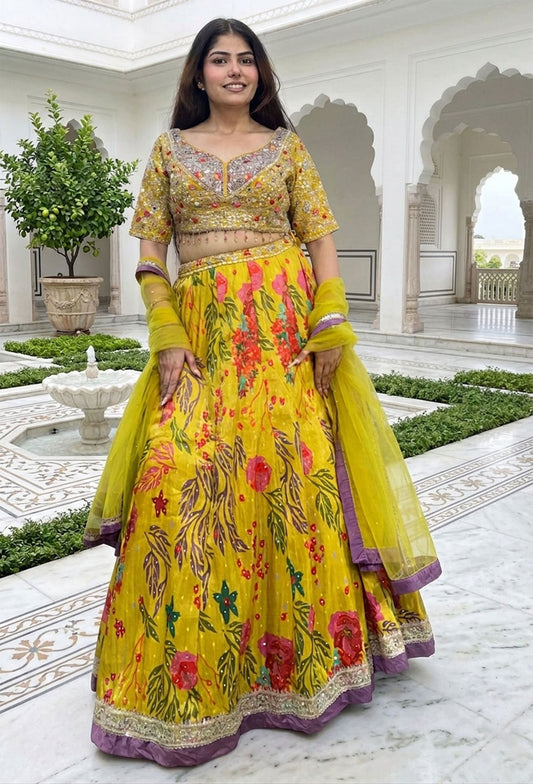 Embellished Choli with Printed Lehenga in Organza Silk for Haldi And Mehendi