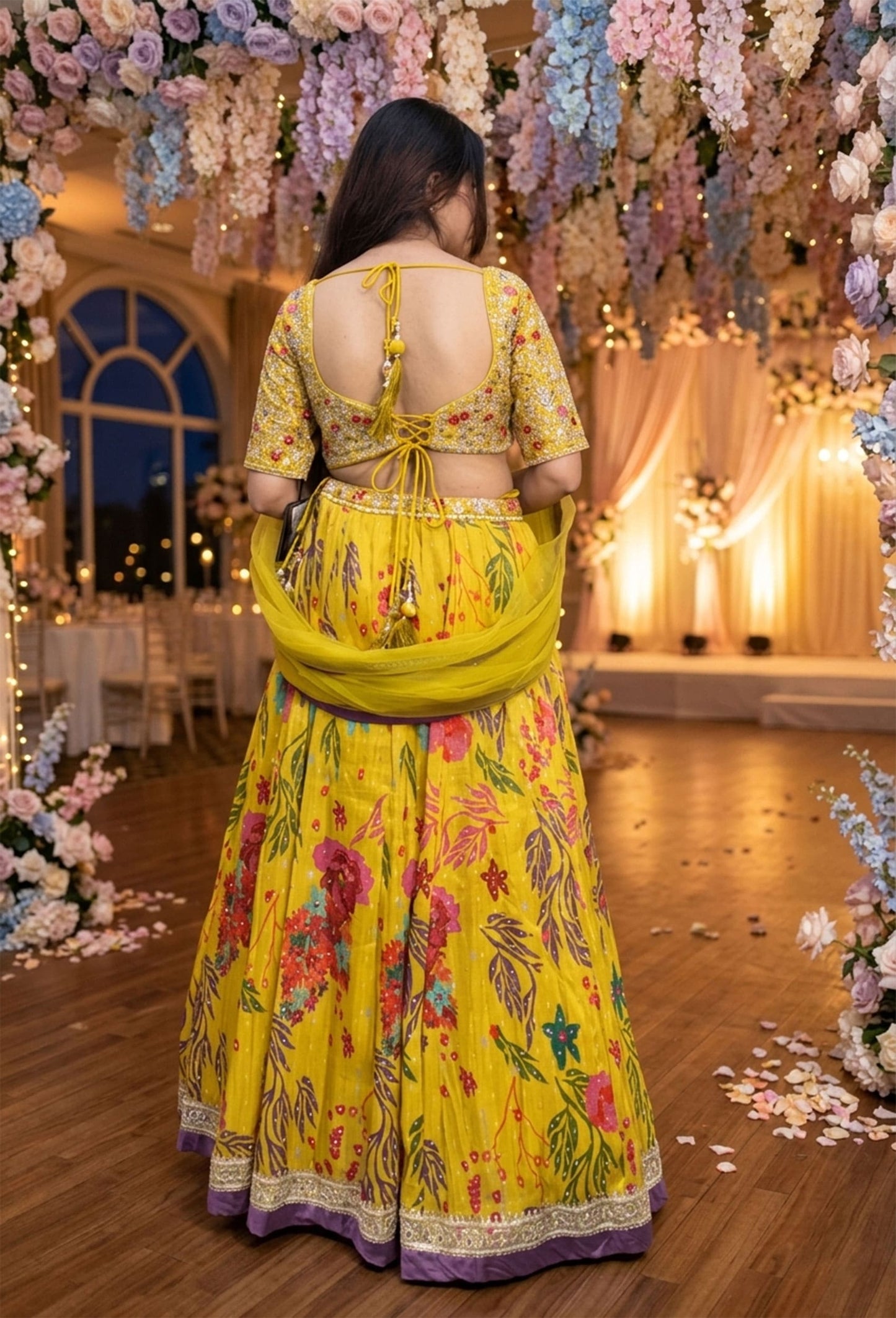 Embellished Choli with Printed Lehenga in Organza Silk for Haldi And Mehendi