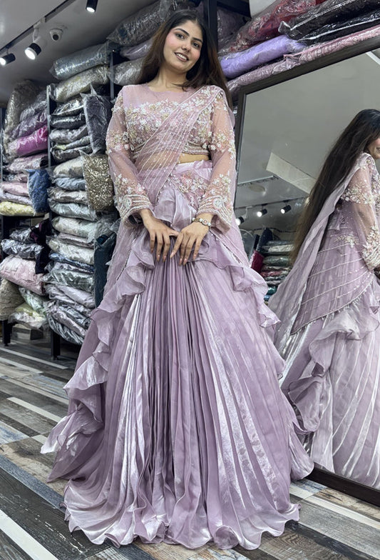 Full-Sleeved Embellished Crop Top Skirt with Hand-Embroidered Drape Pallu