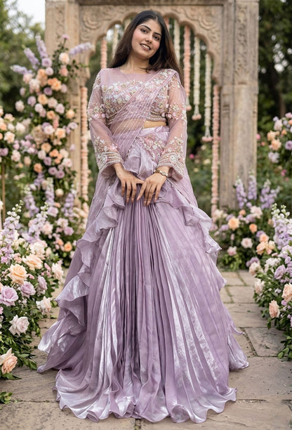 Full-Sleeved Embellished Crop Top Skirt with Hand-Embroidered Drape Pallu