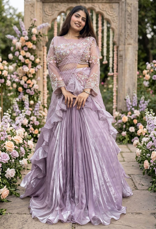 Full-Sleeved Embellished Crop Top Skirt with Hand-Embroidered Drape Pallu