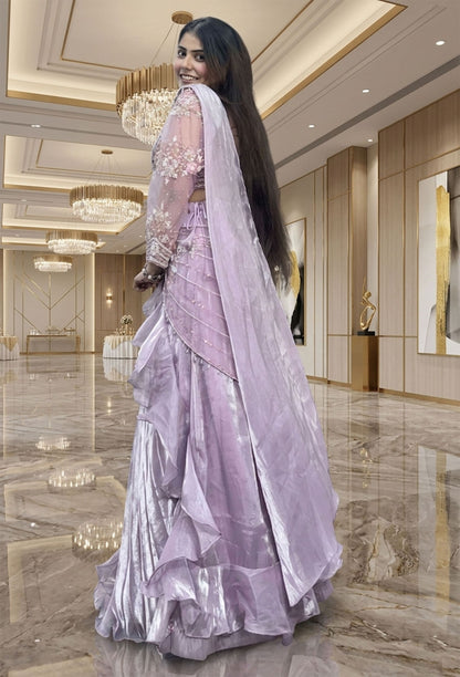 Full-Sleeved Embellished Crop Top Skirt with Hand-Embroidered Drape Pallu