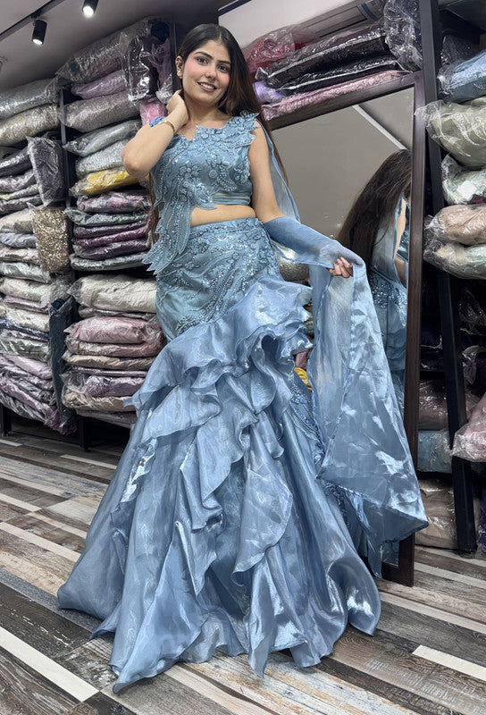 Designer Appliqué Fish Cut Dress with Ruffled Lehenga & Asymmetric Falling Sleeve