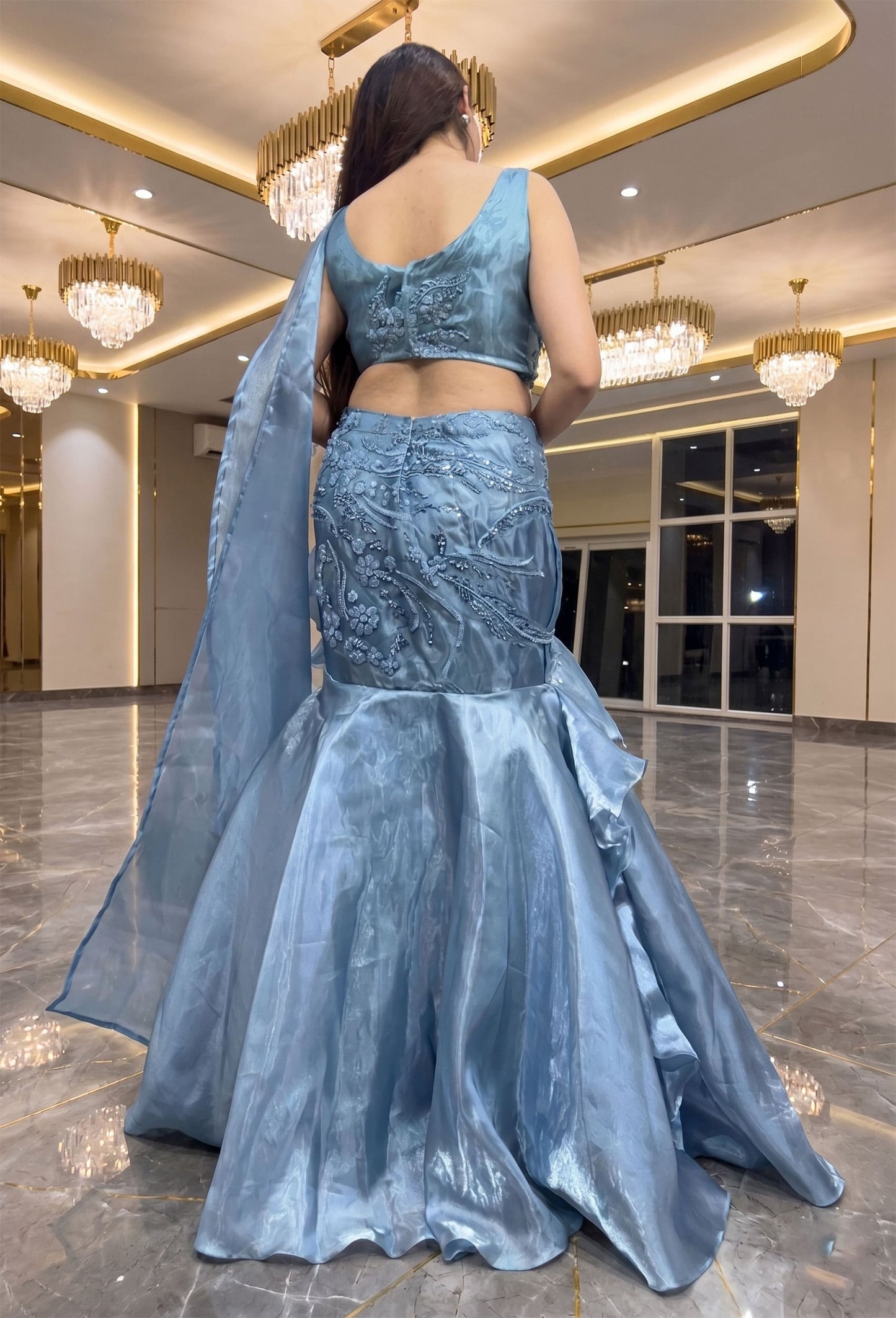 Designer Appliqué Fish Cut Dress with Ruffled Lehenga & Asymmetric Falling Sleeve