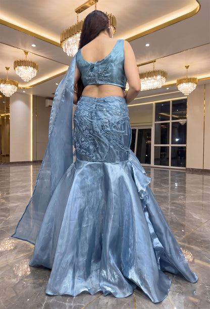 Designer Appliqué Fish Cut Dress with Ruffled Lehenga & Asymmetric Falling Sleeve