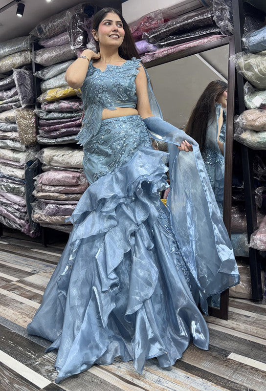 Designer Appliqué Fish Cut Dress with Ruffled Lehenga & Asymmetric Falling Sleeve