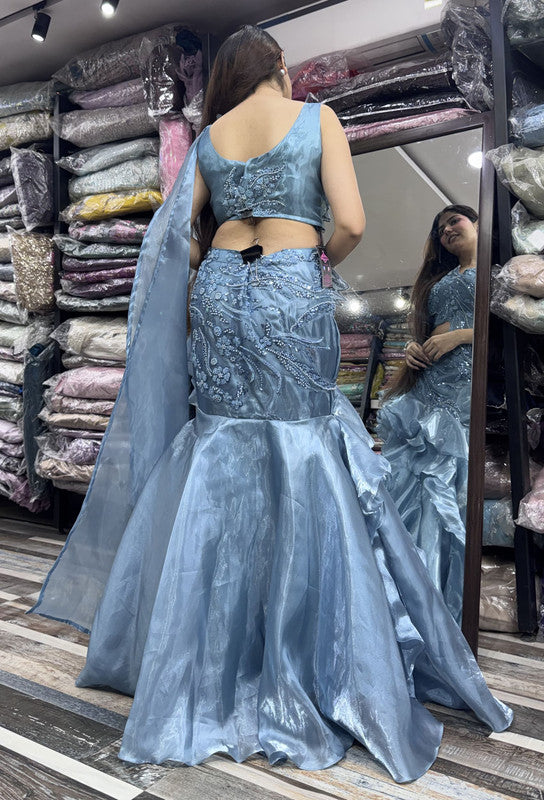 Designer Appliqué Fish Cut Dress with Ruffled Lehenga & Asymmetric Falling Sleeve