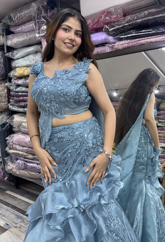 Designer Appliqué Fish Cut Dress with Ruffled Lehenga & Asymmetric Falling Sleeve