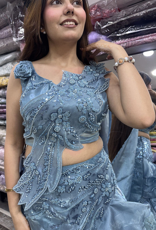 Designer Appliqué Fish Cut Dress with Ruffled Lehenga & Asymmetric Falling Sleeve