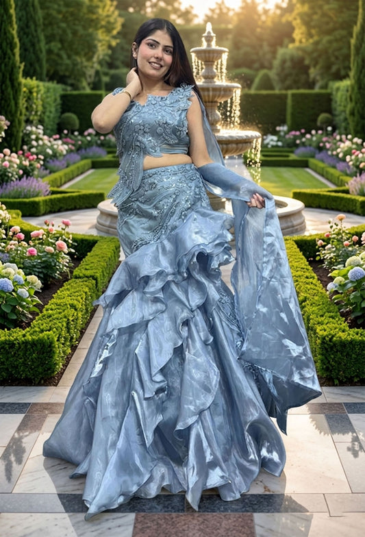 Designer Appliqué Fish Cut Dress with Ruffled Lehenga & Asymmetric Falling Sleeve