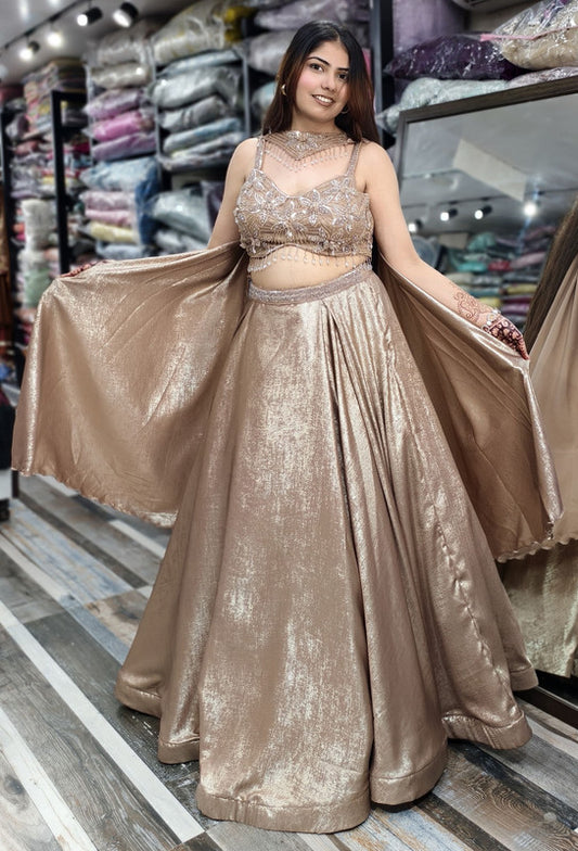 Full Embellished Spaghetti Style Blouse with Shimmer Two-Tone Flared Lehenga