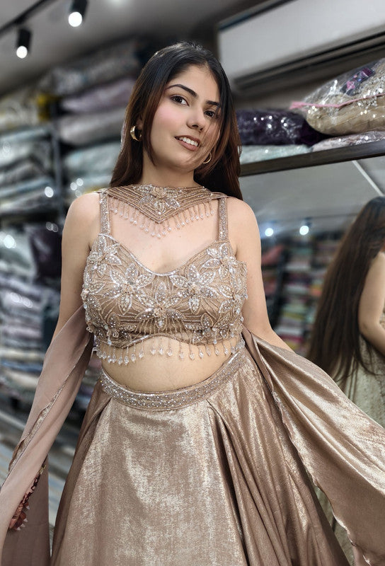 Full Embellished Spaghetti Style Blouse with Shimmer Two-Tone Flared Lehenga